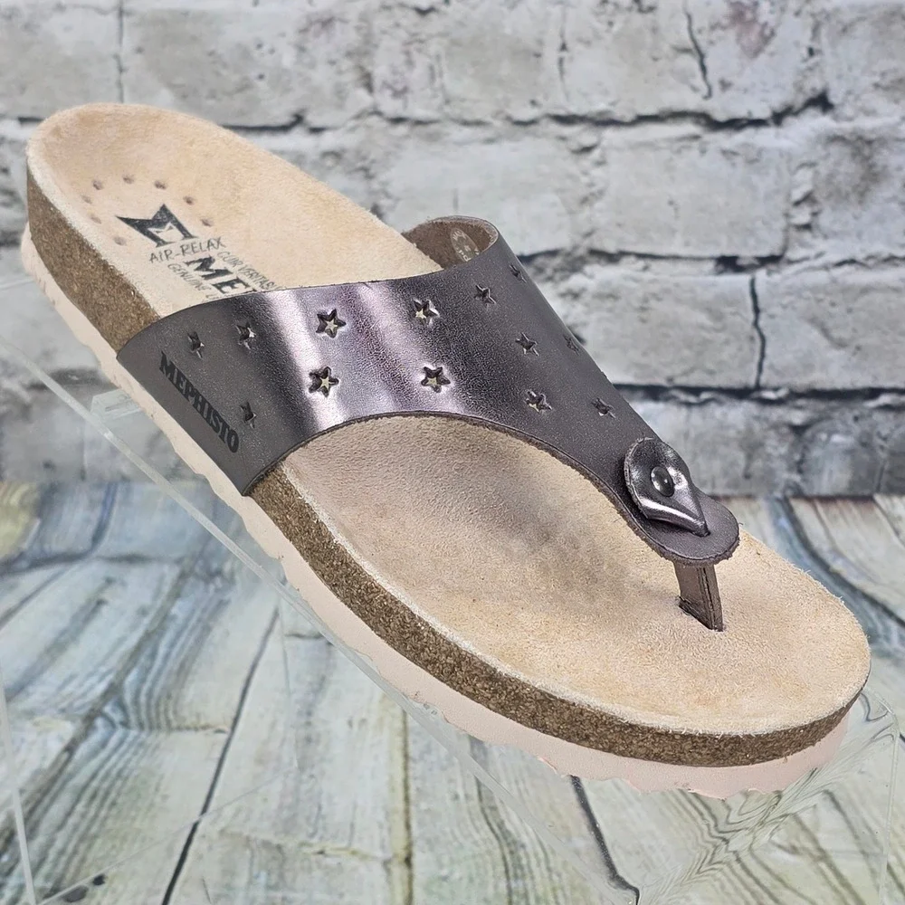 Mephisto Nikie Star Sandals Womens 35 5 Metallic Pewter Leather Cork Thong Slide